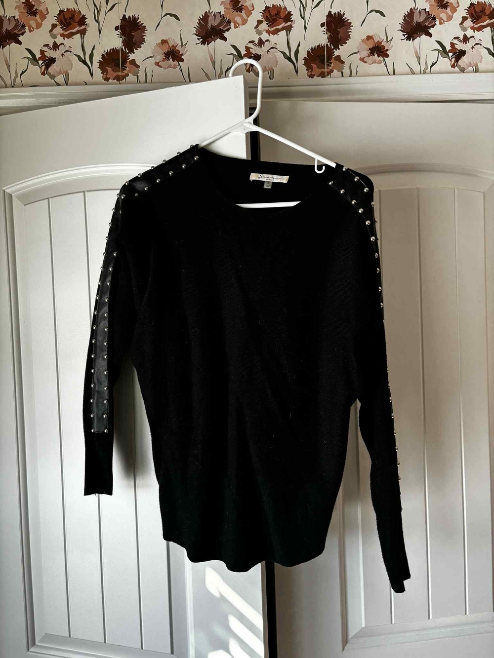 Sioni Black Stud-Trim Long Sleeve Top
